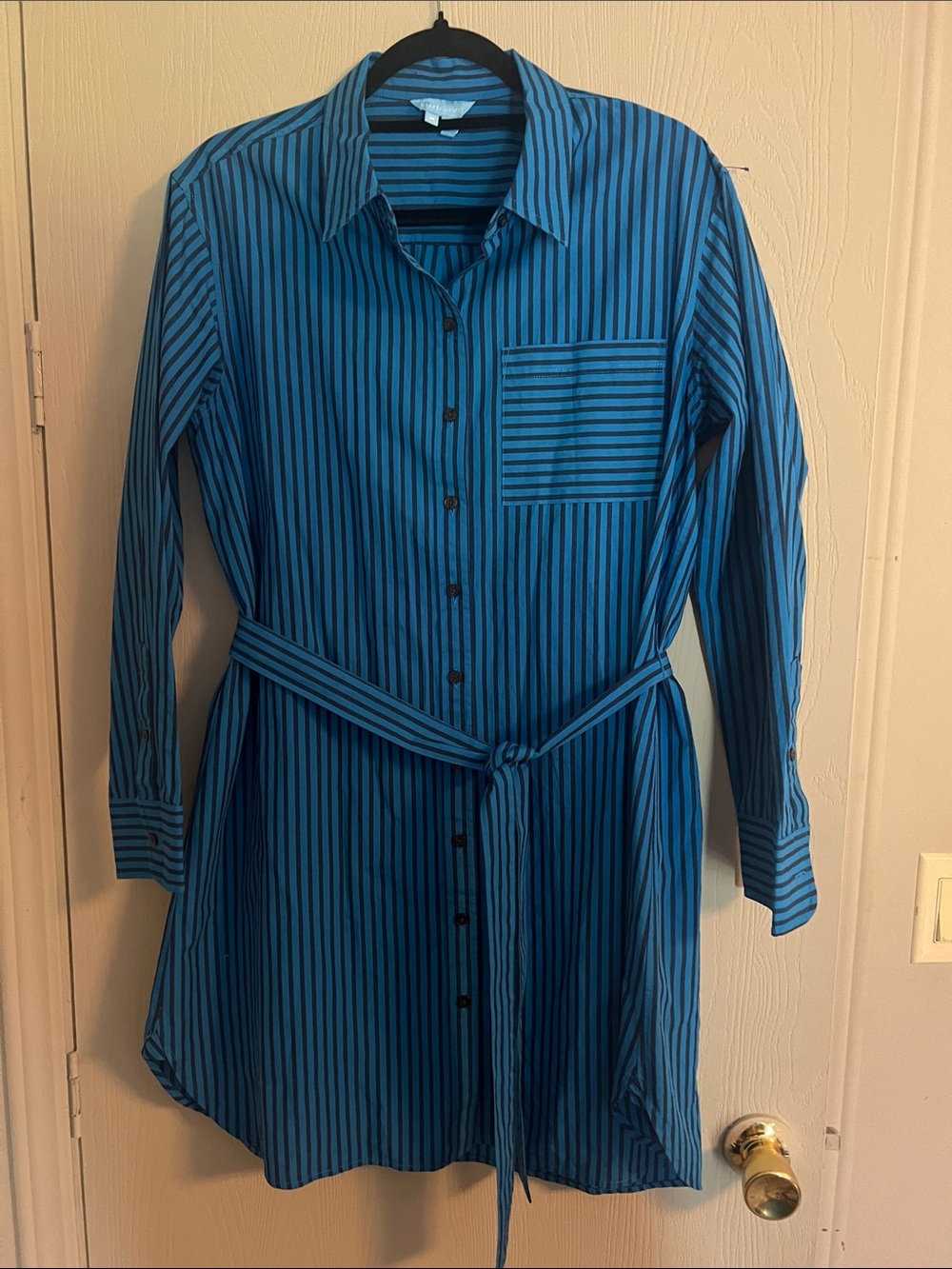 Draper James Blue‎ Striped Long-Sleeve Shirt Dress with Waist Tie Size Medium